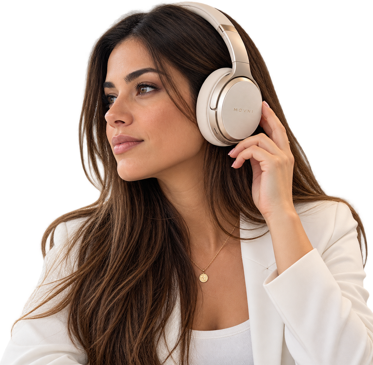 Woman wearing MOVNI Andromeda A72 headphones