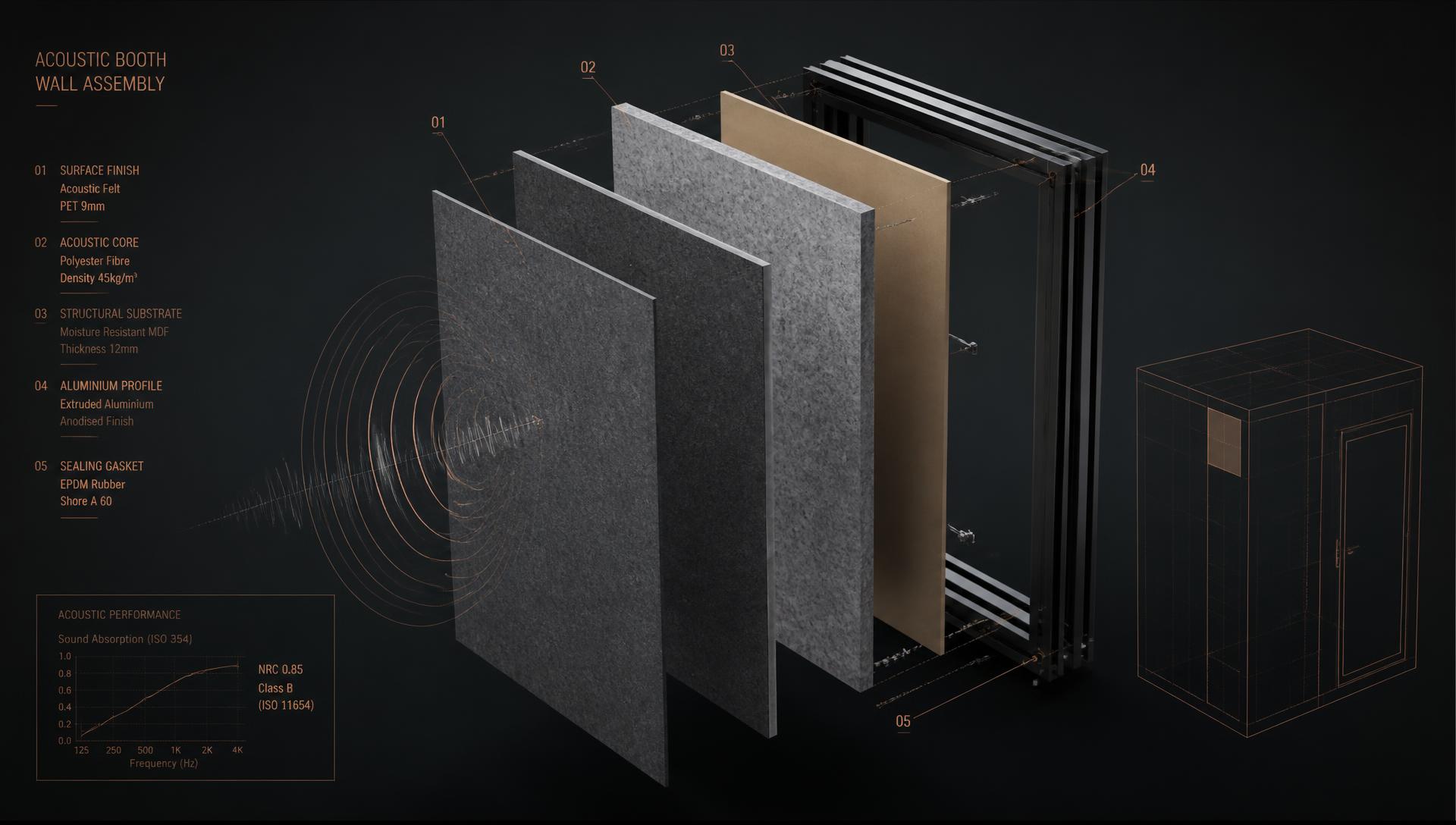 Exploded technical view of a MOVNI acoustic wall assembly