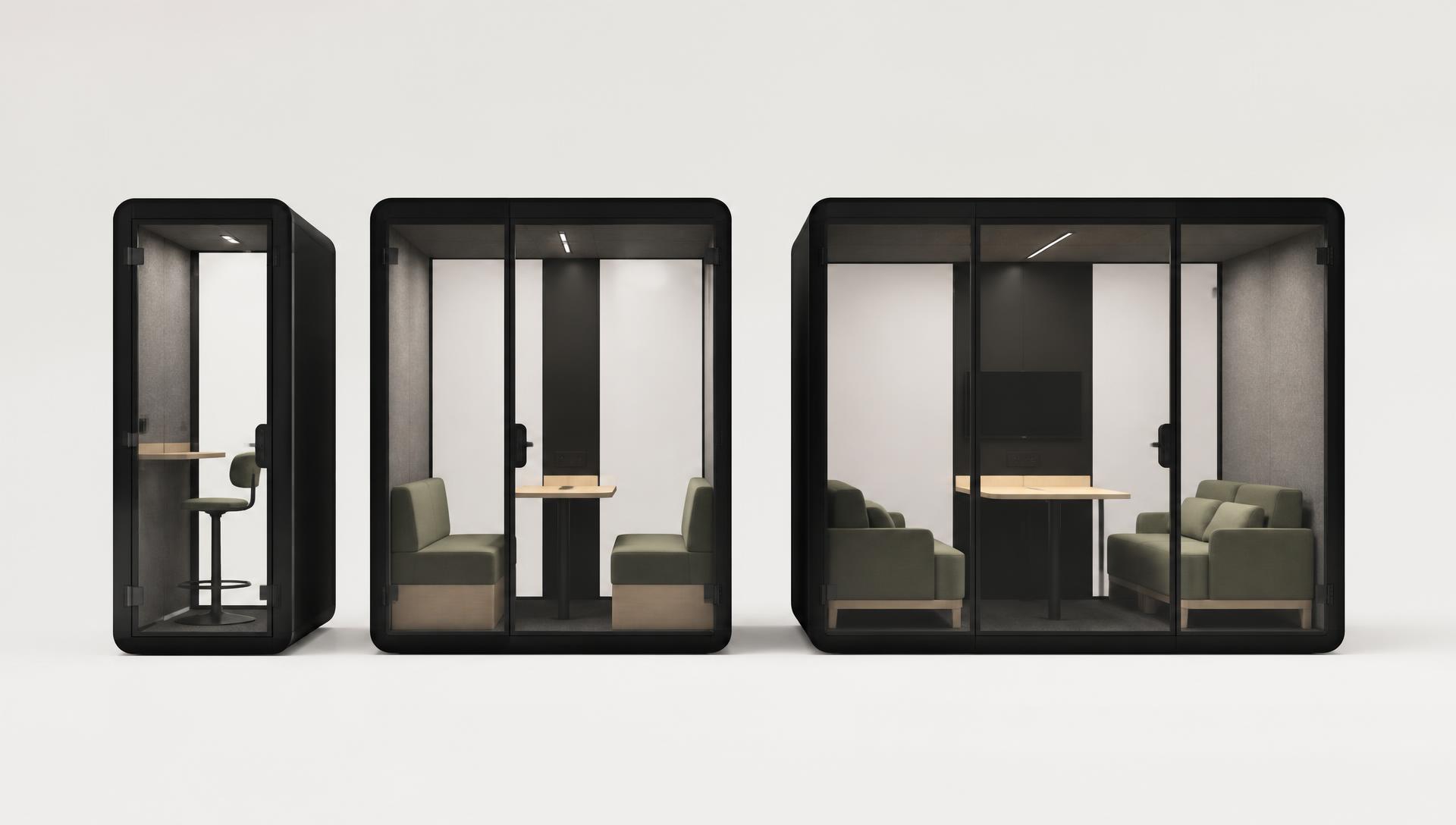 Solo·1, Duo·2 and Meet·4 acoustic pods side by side