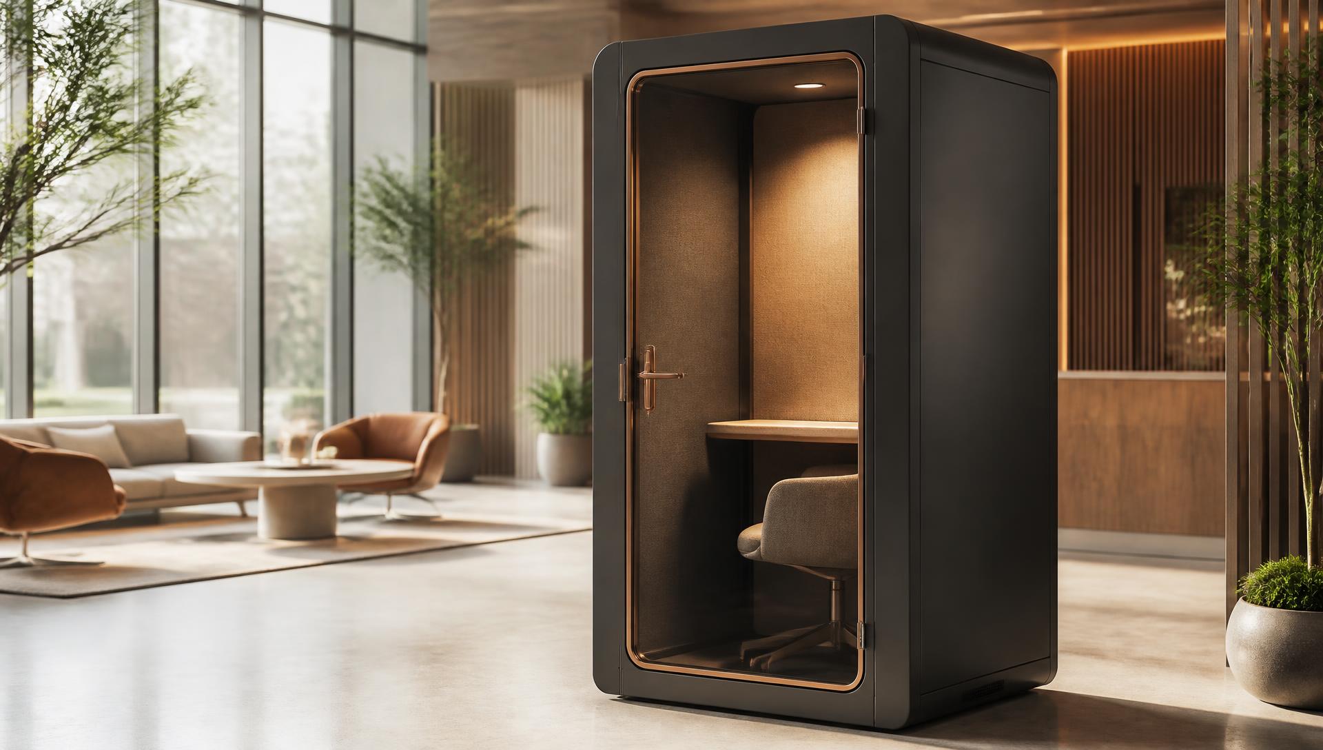 MOVNI acoustic workspace pod in a softly lit studio