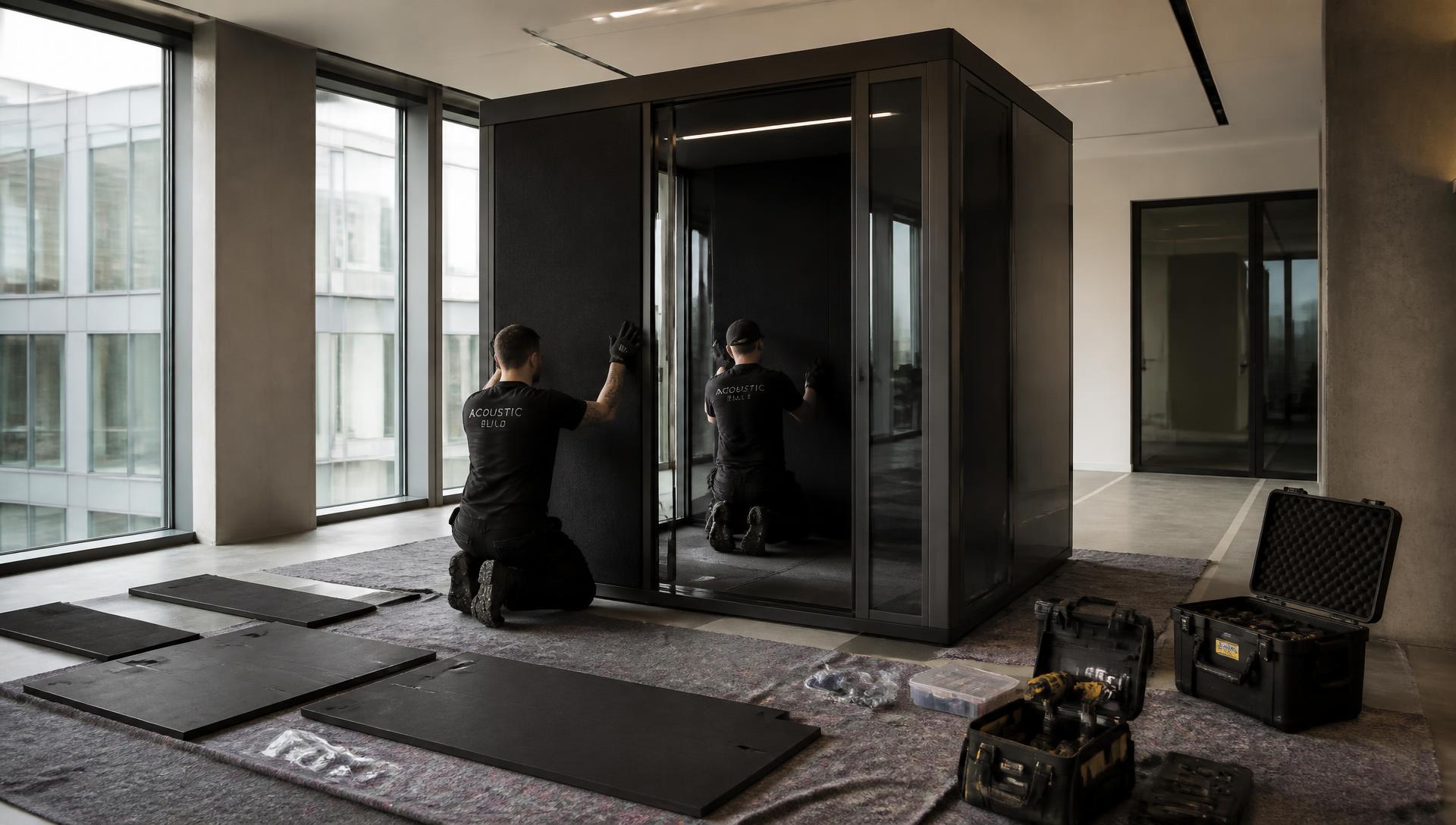 MOVNI team installing an acoustic meeting pod in an office